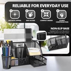 Flexzion Desk Caddy Organizer Set (Black) - Metal Mesh Desktop Caddy with Drawers, 6 Compartments, and Pencil Holder for Women & Men - Desktop Organi