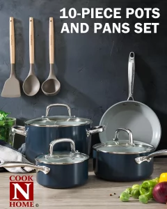 Cook N Home Pots and Pans Set Non Stick, 10-Piece Hard Anodized Nonstick Ceramic Cookware Set, Induction Cookware Cooking Set with Stay-Cool Handles,
