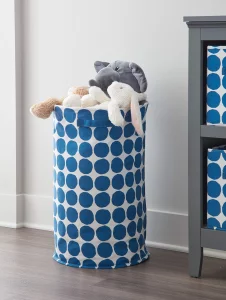 iDesign Dot Fabric Round Storage Bin, Basket Container Mini Hamper with Dual Side Handles for Closet, Bedroom, Laundry, Clothing, Toys, Nursery - Blu