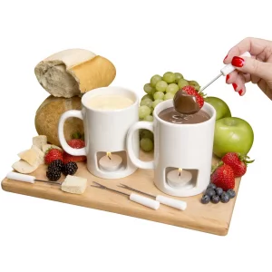 Evelots Fondue Pot Set for Chocolate, Cheese, Candy (2 Pack) Mini Ceramic Fondue Mugs Gift Set with 4 Forks & 8 Candles - Great for Date Night Birthd