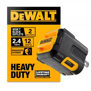 DEWALT Heavy Duty NeverBlock USB Charger, Angled Dual Port 12W Wall Charger Adapter, Foldable Plug, Charging Box Brick, Cube for iPhone 15 14 13 12 1