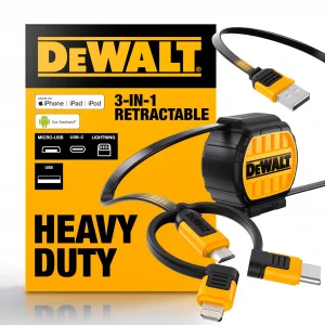 DEWALT Heavy Duty 3 in 1 Retractable Multi Charging Cord, 3ft Fast Charger Cord, Multi Charger Adapter with Lightning/Type C/Micro USB Port for iPhon