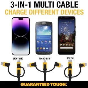 DEWALT Heavy Duty 3 in 1 Retractable Multi Charging Cord, 3ft Fast Charger Cord, Multi Charger Adapter with Lightning/Type C/Micro USB Port for iPhon