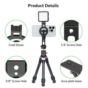 FANAUE Cell Phone Tripod Mount, Magnetic Aluminum Smartphone Stand Adapter with Cold Shoe Arca Swiss QR Base Plate,1/4