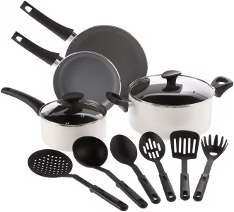 BELLA Cookware Set, 12 Piece Pots and Pans with Utensils, Nonstick PFOA Free Scratch Resistant Cooking Surface Compatible with All Stoves, Nylon and 