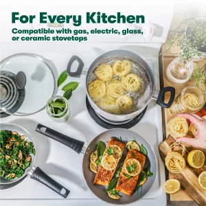 BELLA Cookware Set, 12 Piece Pots and Pans with Utensils, Nonstick PFOA Free Scratch Resistant Cooking Surface Compatible with All Stoves, Nylon and 