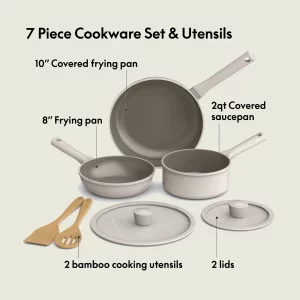 bella 7 Piece Cookware Set with EverGood Ceramic Nonstick Coating?, Dishwasher Safe Oven Safe, All Stovetops Compatible, Glass Lids with Silicone Ri