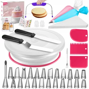 Syntus 65 PCs Cake Decorating Kit with Cake Stand Turntable, Cake Baking Supplies 30+1 Piping Bags, 24 Piping Tips, Offset & Straight Spatulas, 3 Scr