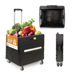 Inspired Living Collapsible Folding Utility Cart, Heavy-Duty Rolling Crate with 360 Wheels, Telescoping Handle, Hidden Lid, Holds 200 Lbs, Black
