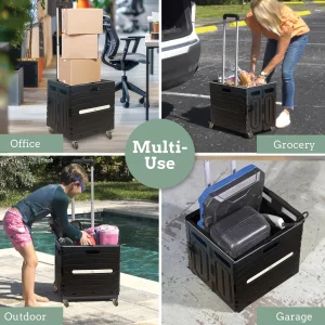 Inspired Living Collapsible Folding Utility Cart, Heavy-Duty Rolling Crate with 360 Wheels, Telescoping Handle, Hidden Lid, Holds 200 Lbs, Black