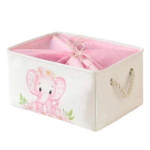 INough Large Nursery Elephant Baby Basket for Shower Gift - Pink Girl Gift Bag, Collapsible and Empty - Decor for Kidsroom, Nursery, Play Room (Large