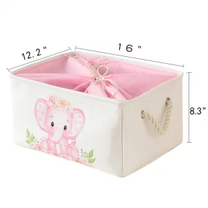 INough Large Nursery Elephant Baby Basket for Shower Gift - Pink Girl Gift Bag, Collapsible and Empty - Decor for Kidsroom, Nursery, Play Room (Large