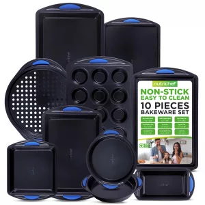 NutriChef 10-Piece Nonstick Bakeware Set - Heavy Duty Carbon Steel Baking Trays w/Silicone Handles - Includes Cookie Sheets, 12-Cup Muffin Pan, Pizza