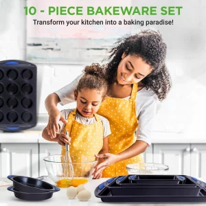 NutriChef 10-Piece Nonstick Bakeware Set - Heavy Duty Carbon Steel Baking Trays w/Silicone Handles - Includes Cookie Sheets, 12-Cup Muffin Pan, Pizza
