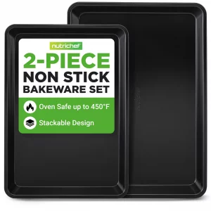 NutriChef 2-Piece Black Non-Stick Cookie Sheet Baking Tray Set - Versatile & Durable Carbon Steel Bakeware Sets, Stackable & Easy-Clean, NC2TRBL