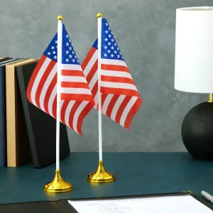 Juvale Mini American Flag Decor Set - 12-Pack 8 x 5.5in Flags on 12in Poles with Gold Base - Patriotic Table Decorations & Party Supplies for Desk & 