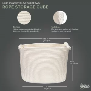 Parker Baby Rope Storage Cubes - 11 Inch Nursery Cubby Organizer, Closet Organizer, Toy Bin - White
