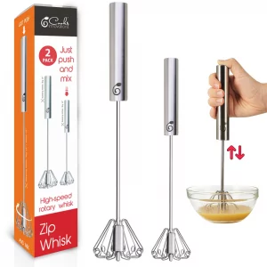 Stainless Steel Egg Whisk - Easy to Use Semi-Automatic Push-Down Zip Whisker - Rotary Hand Mixer for Beating Eggs, Frothing Milk, Blending, Mixing, W