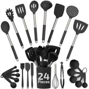 Silicone Kitchen Utensils Set - Culinary Couture 24-Pieces Black Cooking Utensils for Nonstick Cookware - Silicone Spatulas Set, Stainless Steel Hand
