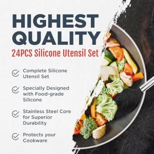 Silicone Kitchen Utensils Set - Culinary Couture 24-Pieces Black Cooking Utensils for Nonstick Cookware - Silicone Spatulas Set, Stainless Steel Hand