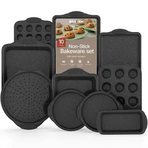BAKKEN Kitchen Baking Pan Set - Nonstick Coating, Carbon Steel Bakeware Sets with Gray Silicone Handles, Baking Kitchen Essentials, PFOA, PFOS, PTFE 
