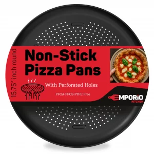 Emporio Kitchen Pizza Baking Pan - 15.75-Inch Round Perforated Carbon Steel Tray with Non-Stick Coating, Dishwasher Safe, Oven Safe (Up To 450 F), A