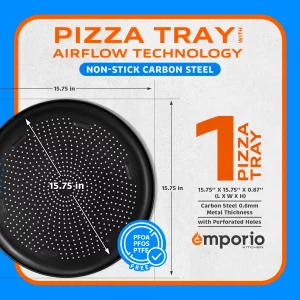 Emporio Kitchen Pizza Baking Pan - 15.75-Inch Round Perforated Carbon Steel Tray with Non-Stick Coating, Dishwasher Safe, Oven Safe (Up To 450 F), A