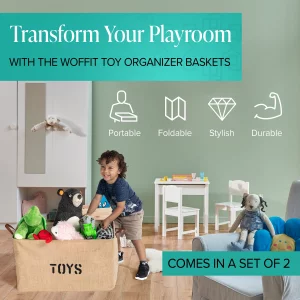 Woffit Set of 2 Toy Storage Organizer Baskets for Nursery, Playroom, Kids & Living Room, Etc, Extra Large Sturdy and Collapsible Tote Bins for Childr