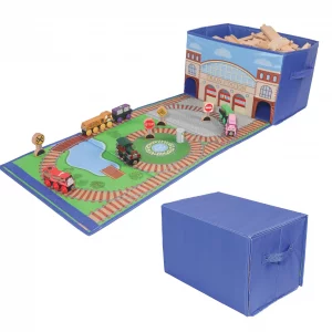 Zany Trains - Train Storage Bin and Play Mat - Wooden Railway Take-Along Storage Box with Train Tracks Design - Two in One Collapsible Toy Car Storag