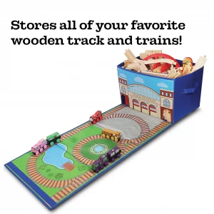Zany Trains - Train Storage Bin and Play Mat - Wooden Railway Take-Along Storage Box with Train Tracks Design - Two in One Collapsible Toy Car Storag