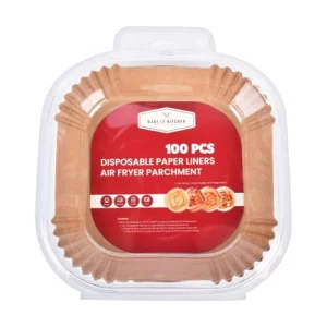 BAKE IT KITCHEN Disposable Air Fryer Paper Liners - 100 Pack, Non Stick (6,5 inch) Square for Microwave, Free of Bleach, Family Gatherings, Parchment