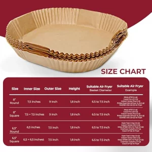 BAKE IT KITCHEN Disposable Air Fryer Paper Liners - 100 Pack, Non Stick (6,5 inch) Square for Microwave, Free of Bleach, Family Gatherings, Parchment