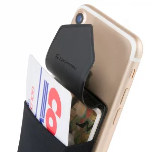 Sinjimoru Secure Card Holder for Back of Phone, Stretchy Fabric Cell Phone Wallet Stick On Credit Card Case for iPhone & Android. Sinji Pouch Flap Bl