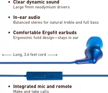 Panasonic ErgoFit Wired Earbuds with Microphone, 3.5mm Jack Headphones with Mic and Call Controller, Ergonomic Custom-Fit Earpieces (S/M/L), for Phon
