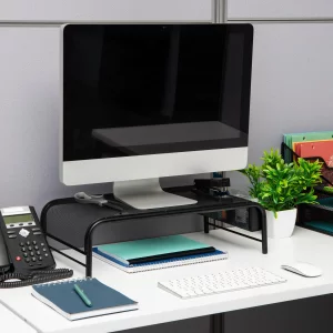 Mind Reader Monitor Stand, Ventilated Laptop Riser, Desktop Organizer, Side Storage, Metal Mesh, 20