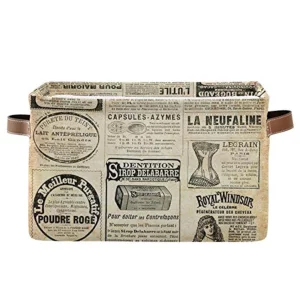 LELEGO Rectangular Storage Basket Vintage Newspaper Quote Storage Bins Boxes Collapsible Storage Cubes Organizer with Leather Handles for Home Organi