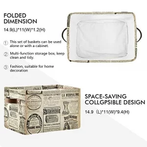 LELEGO Rectangular Storage Basket Vintage Newspaper Quote Storage Bins Boxes Collapsible Storage Cubes Organizer with Leather Handles for Home Organi