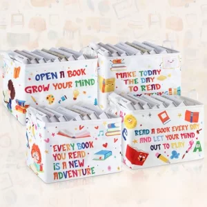 Domensi 4 Pcs Back to School Collapsible Book Bins Reading Book Basket 15.7 x 11.8 x 11.8 Inches Cartoon Kids Books Bin Storage for Classroom Library
