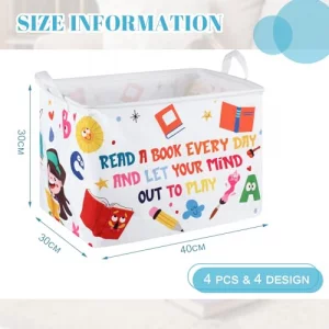 Domensi 4 Pcs Back to School Collapsible Book Bins Reading Book Basket 15.7 x 11.8 x 11.8 Inches Cartoon Kids Books Bin Storage for Classroom Library
