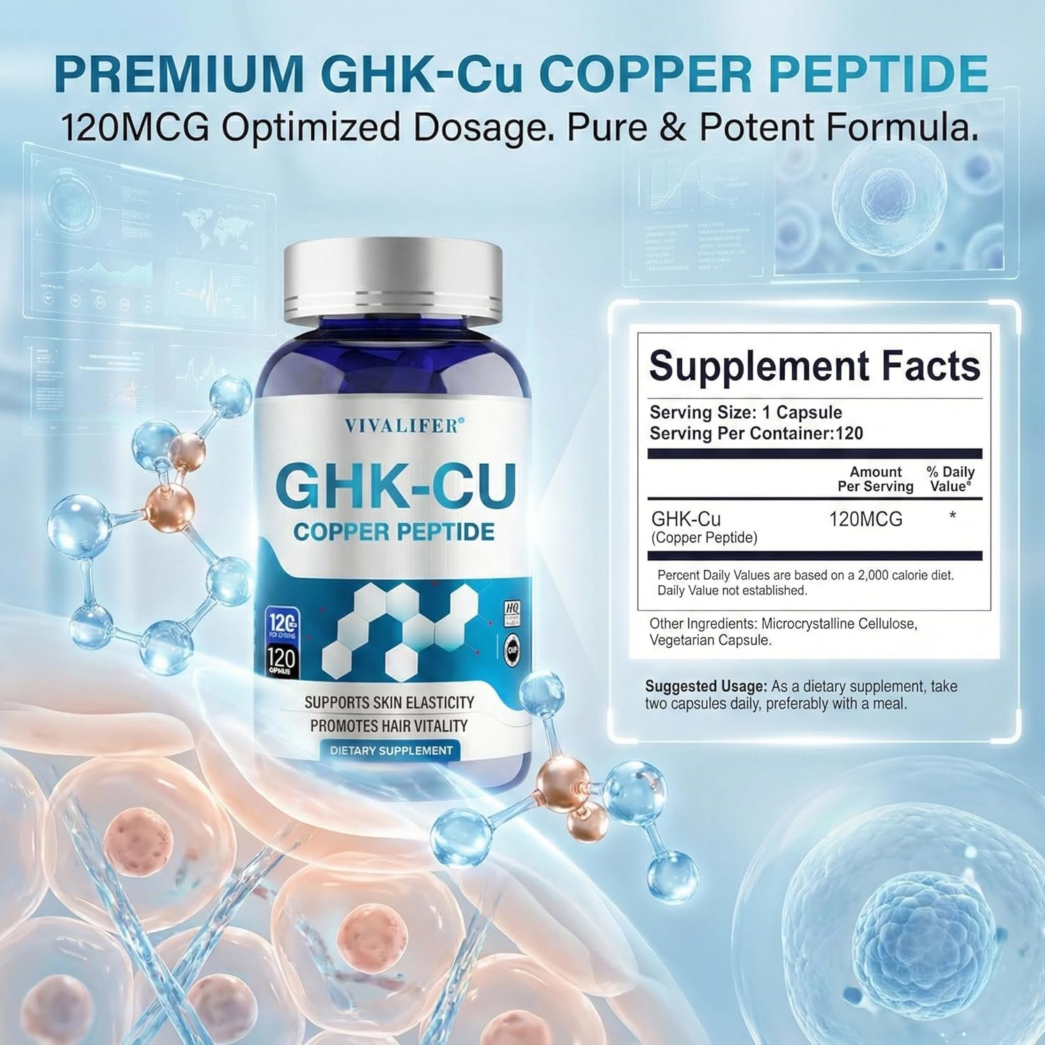 GHK-Cu Copper Peptide Supplement, 120 Vegan Capsules High Potency Promotes Skin Repair, Radiant Skin Elasticity, Anti-Aging & Hair Growth Support GHK-Cu Copper Peptide Supplement, 120 Vegan Capsules High Potency Promotes Skin Repair, Radiant Skin Elasticity, Anti-Aging & Hair Growth Support