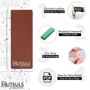 Hutsuls Brown Leather Strop with Compound - Get Razor-Sharp Edges with Stropping Kit, Green Honing Compound & Vegetable Tanned Two Sided Knife Sharpe