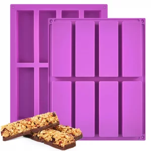 8 Cavity Granola Bar Molds, 2 Pack Rectangle Silicone Chocolate Candy Bar Molds for Baking Cereal Energy Bar, Protein Bar, Brownie, Cheesecake