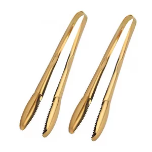 IAXSEE 2-Pack 9 Inch Stainless Steel Gold Salad Tongs, Non-slip & Easy Grip Smart Locking Clip Handy Utensil for Cooking, Serving, Barbecue, Buffet, 