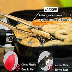 IAXSEE 2-Pack 9 Inch Stainless Steel Gold Salad Tongs, Non-slip & Easy Grip Smart Locking Clip Handy Utensil for Cooking, Serving, Barbecue, Buffet, 