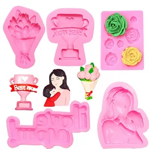Doumeny 5Pcs Mother's Day Fondant Mold, I love Mom Word Silicon Mold Best Mom Baking Mold Mother and Child Chocolate Mold Rose Tulip Candy Mold Happy