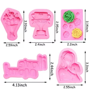 Doumeny 5Pcs Mother's Day Fondant Mold, I love Mom Word Silicon Mold Best Mom Baking Mold Mother and Child Chocolate Mold Rose Tulip Candy Mold Happy