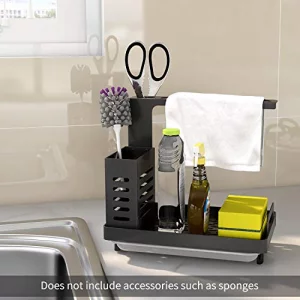 MKO Kitchen Sink Caddy Organizer, Kitchen Sponge Holder for Sink with Drain Pan, Soap Brush Dishcloth Holder, Countertop, Black