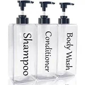Shampoo and Conditioner Dispenser(Clear, Set of 3, 27oz)- Refillable & EmptyShampoo and Conditioner Bottles- Body Wash Dispenser Set-Modern Shampoo B
