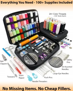Vellostar Sewing Kit for Adults & Beginners  Portable Needle & Thread Travel Kit w/ 24 Thread Colors, Needles, Scissors & Tape Measure for Emergency