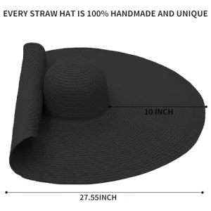 Oversized Beach Straw Hats for Women Extra Large Wide Brim Beach Hat Foldable Roll up Floppy Sun Hat Summer UV Protection (Black)